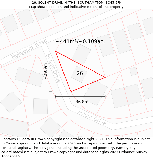 26, SOLENT DRIVE, HYTHE, SOUTHAMPTON, SO45 5FN: Plot and title map