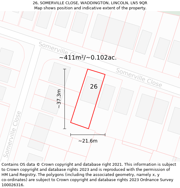 26, SOMERVILLE CLOSE, WADDINGTON, LINCOLN, LN5 9QR: Plot and title map