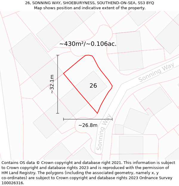 26, SONNING WAY, SHOEBURYNESS, SOUTHEND-ON-SEA, SS3 8YQ: Plot and title map