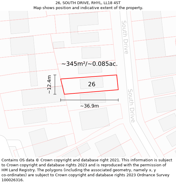 26, SOUTH DRIVE, RHYL, LL18 4ST: Plot and title map