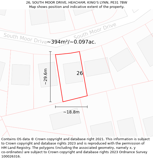 26, SOUTH MOOR DRIVE, HEACHAM, KING'S LYNN, PE31 7BW: Plot and title map