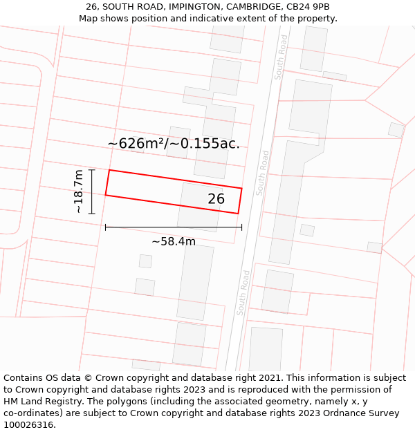 26, SOUTH ROAD, IMPINGTON, CAMBRIDGE, CB24 9PB: Plot and title map