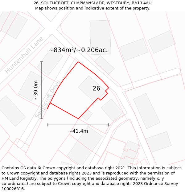 26, SOUTHCROFT, CHAPMANSLADE, WESTBURY, BA13 4AU: Plot and title map