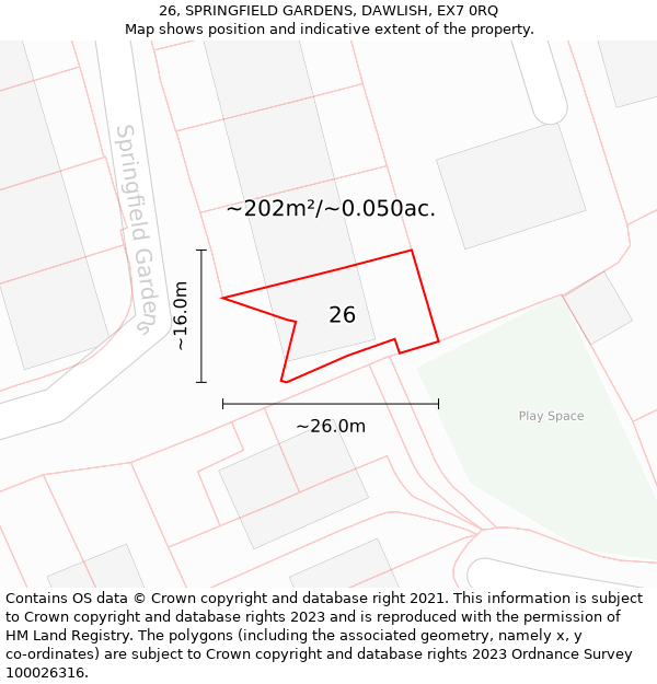 26, SPRINGFIELD GARDENS, DAWLISH, EX7 0RQ: Plot and title map