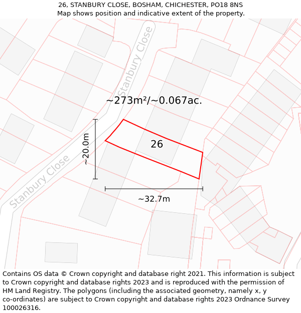 26, STANBURY CLOSE, BOSHAM, CHICHESTER, PO18 8NS: Plot and title map