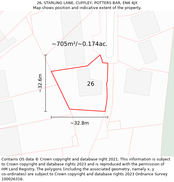 26, STARLING LANE, CUFFLEY, POTTERS BAR, EN6 4JX: Plot and title map