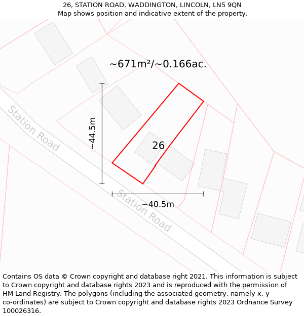 26, STATION ROAD, WADDINGTON, LINCOLN, LN5 9QN: Plot and title map