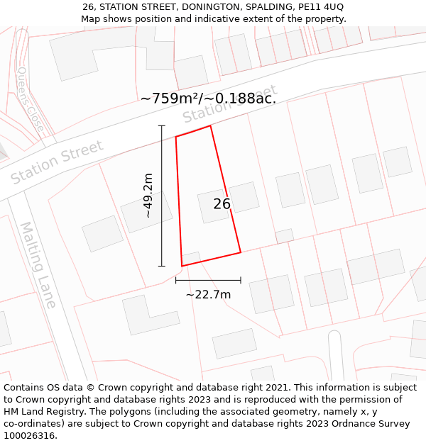 26, STATION STREET, DONINGTON, SPALDING, PE11 4UQ: Plot and title map