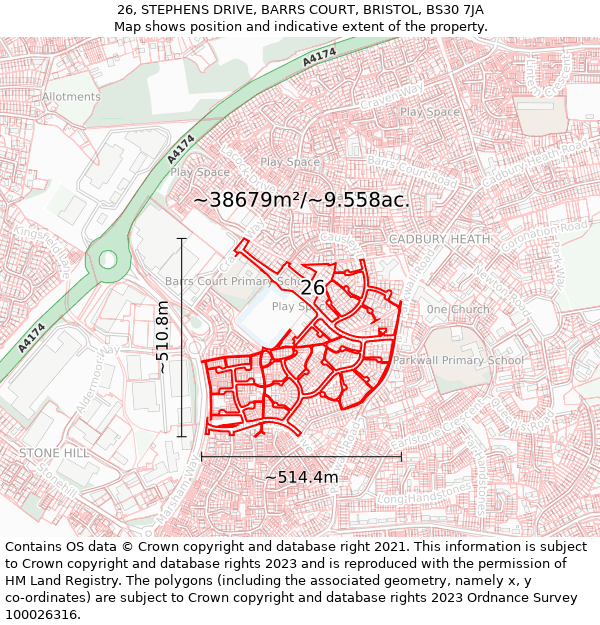 26, STEPHENS DRIVE, BARRS COURT, BRISTOL, BS30 7JA: Plot and title map