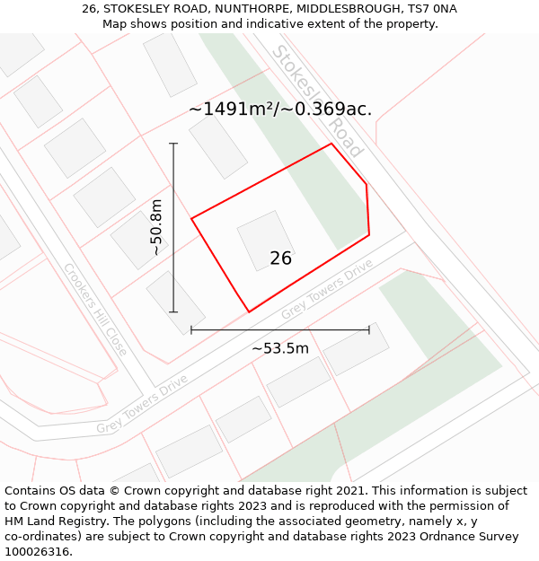 26, STOKESLEY ROAD, NUNTHORPE, MIDDLESBROUGH, TS7 0NA: Plot and title map