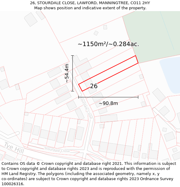 26, STOURDALE CLOSE, LAWFORD, MANNINGTREE, CO11 2HY: Plot and title map