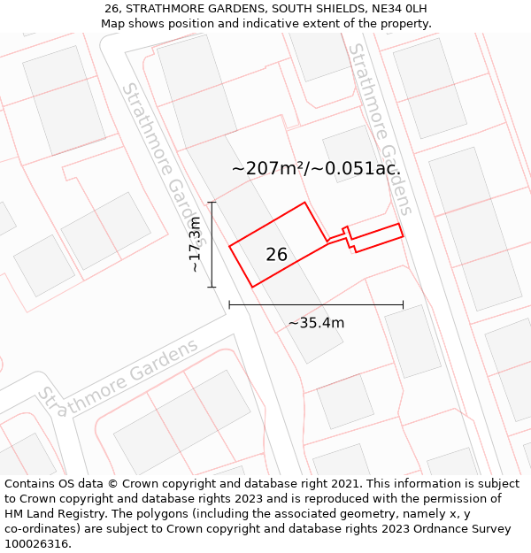 26, STRATHMORE GARDENS, SOUTH SHIELDS, NE34 0LH: Plot and title map