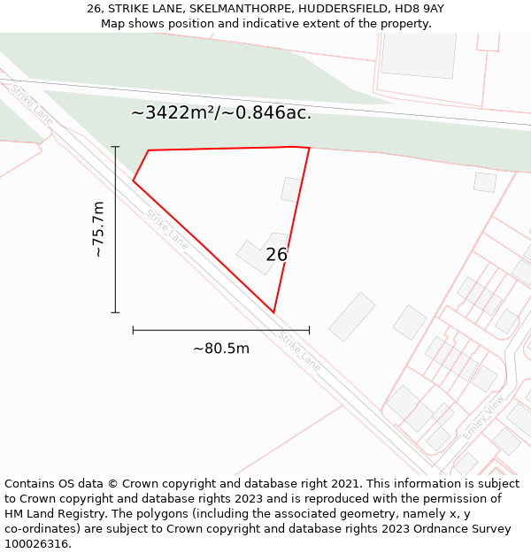 26, STRIKE LANE, SKELMANTHORPE, HUDDERSFIELD, HD8 9AY: Plot and title map