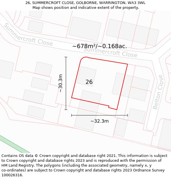 26, SUMMERCROFT CLOSE, GOLBORNE, WARRINGTON, WA3 3WL: Plot and title map