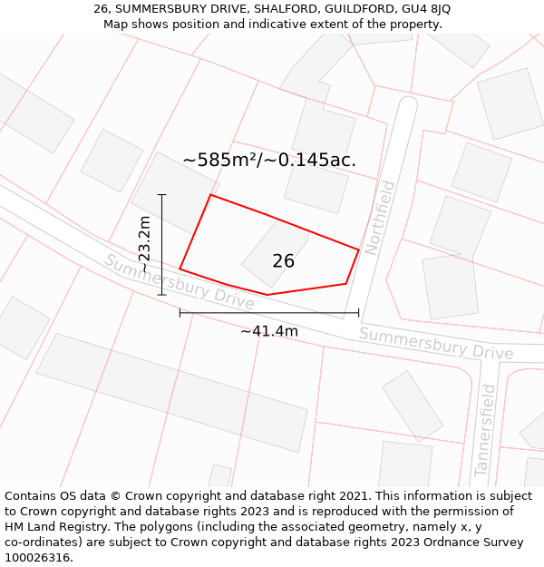 26, SUMMERSBURY DRIVE, SHALFORD, GUILDFORD, GU4 8JQ: Plot and title map