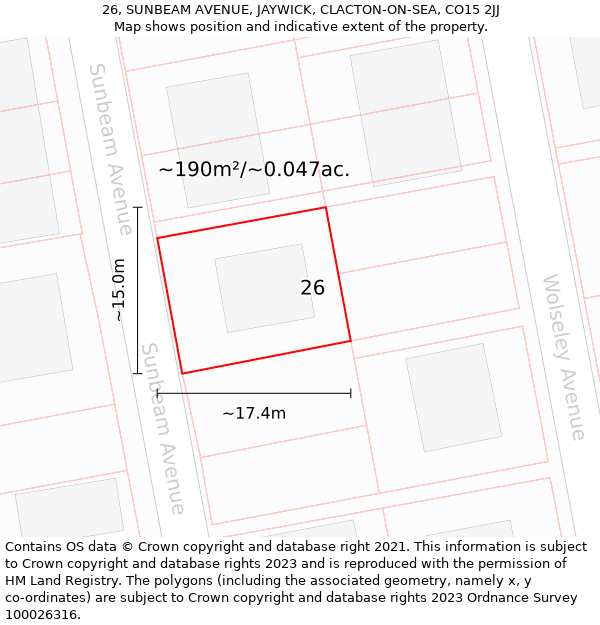 26, SUNBEAM AVENUE, JAYWICK, CLACTON-ON-SEA, CO15 2JJ: Plot and title map