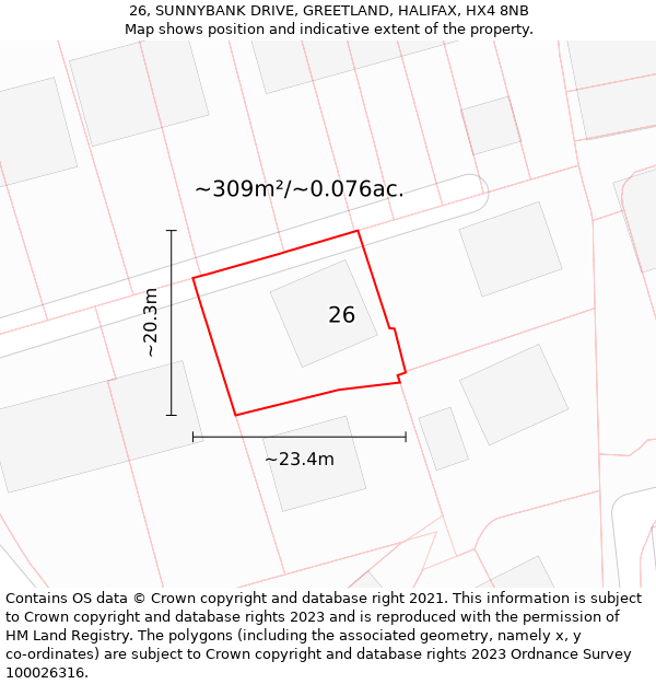 26, SUNNYBANK DRIVE, GREETLAND, HALIFAX, HX4 8NB: Plot and title map