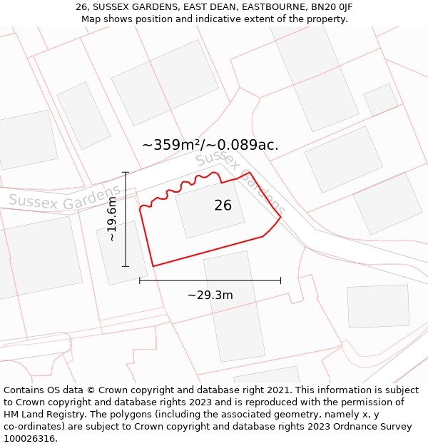 26, SUSSEX GARDENS, EAST DEAN, EASTBOURNE, BN20 0JF: Plot and title map