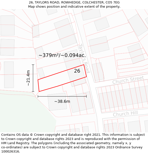 26, TAYLORS ROAD, ROWHEDGE, COLCHESTER, CO5 7EG: Plot and title map