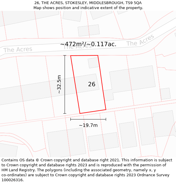 26, THE ACRES, STOKESLEY, MIDDLESBROUGH, TS9 5QA: Plot and title map