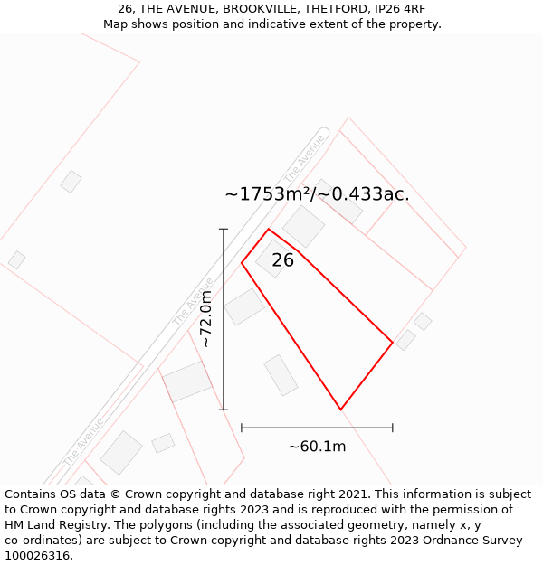 26, THE AVENUE, BROOKVILLE, THETFORD, IP26 4RF: Plot and title map