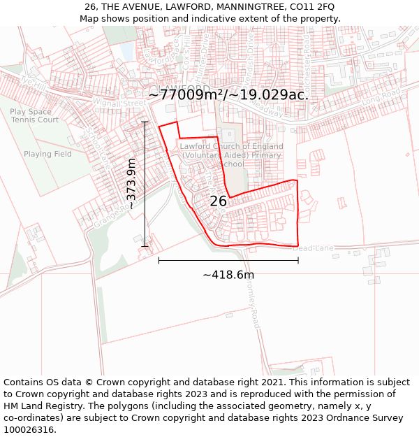 26, THE AVENUE, LAWFORD, MANNINGTREE, CO11 2FQ: Plot and title map