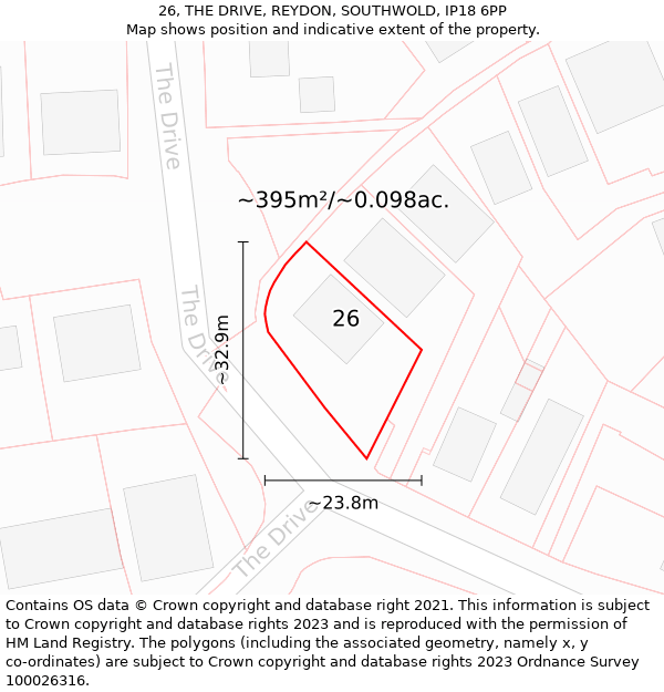 26, THE DRIVE, REYDON, SOUTHWOLD, IP18 6PP: Plot and title map