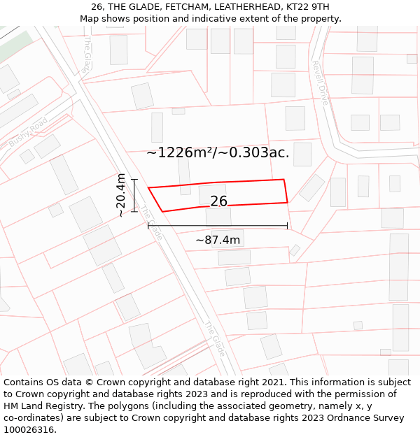 26, THE GLADE, FETCHAM, LEATHERHEAD, KT22 9TH: Plot and title map