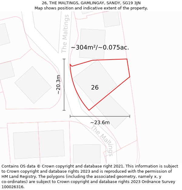 26, THE MALTINGS, GAMLINGAY, SANDY, SG19 3JN: Plot and title map