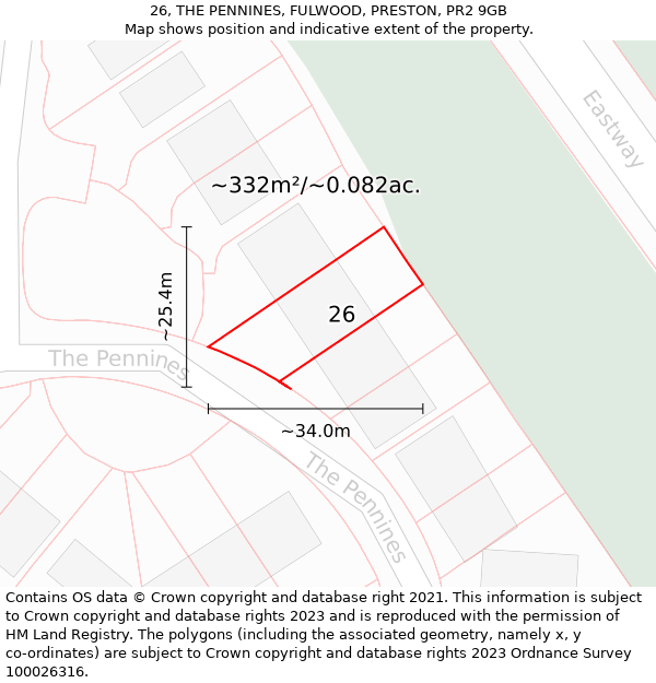 26, THE PENNINES, FULWOOD, PRESTON, PR2 9GB: Plot and title map