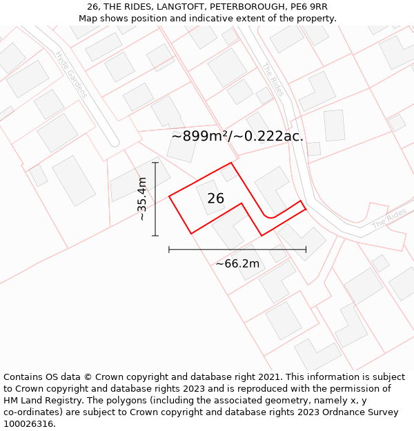 26, THE RIDES, LANGTOFT, PETERBOROUGH, PE6 9RR: Plot and title map