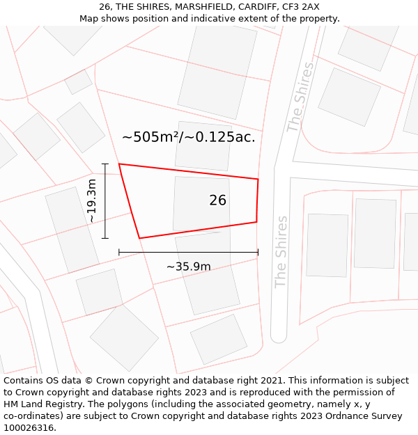 26, THE SHIRES, MARSHFIELD, CARDIFF, CF3 2AX: Plot and title map