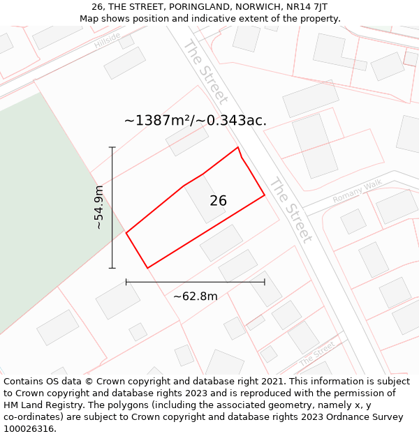 26, THE STREET, PORINGLAND, NORWICH, NR14 7JT: Plot and title map