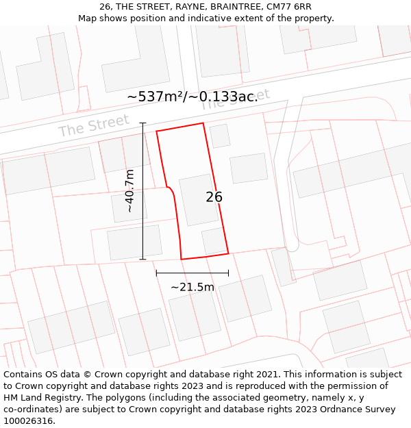 26, THE STREET, RAYNE, BRAINTREE, CM77 6RR: Plot and title map