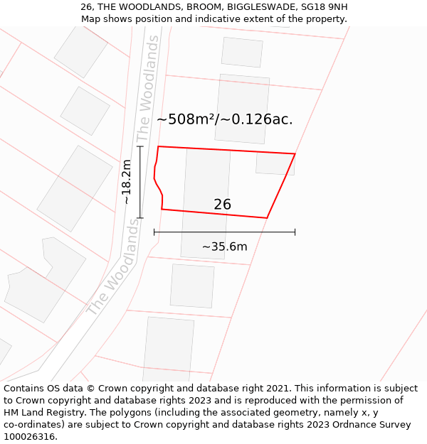 26, THE WOODLANDS, BROOM, BIGGLESWADE, SG18 9NH: Plot and title map