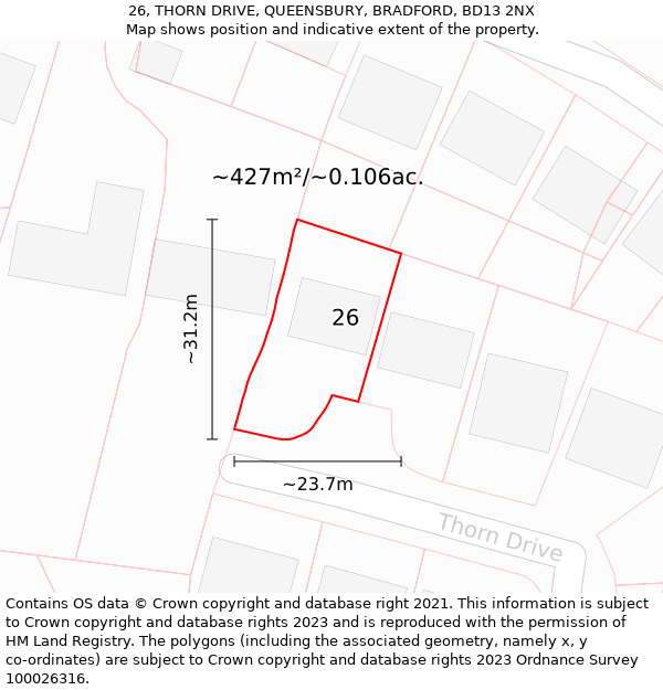 26, THORN DRIVE, QUEENSBURY, BRADFORD, BD13 2NX: Plot and title map