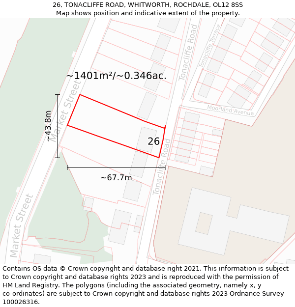 26, TONACLIFFE ROAD, WHITWORTH, ROCHDALE, OL12 8SS: Plot and title map