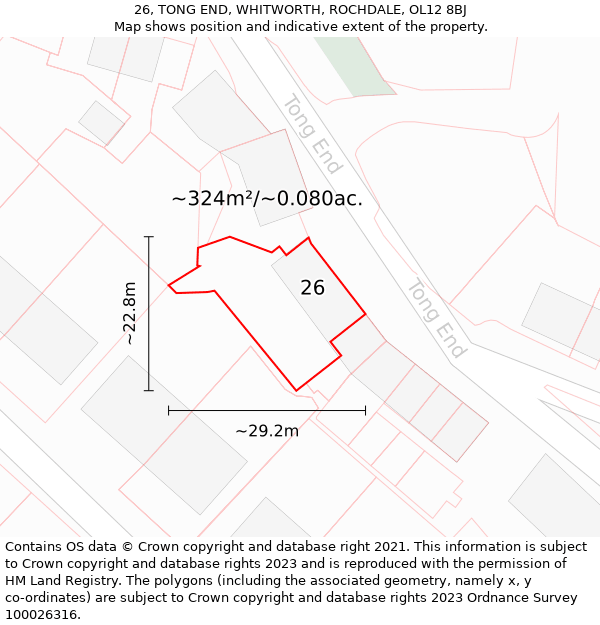 26, TONG END, WHITWORTH, ROCHDALE, OL12 8BJ: Plot and title map