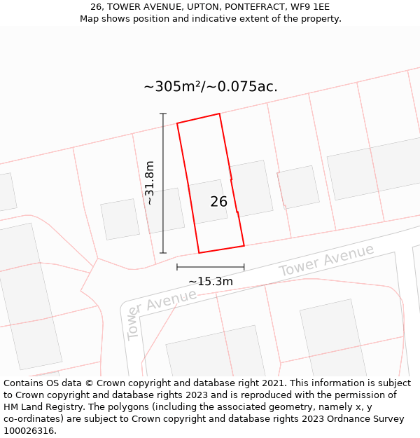 26, TOWER AVENUE, UPTON, PONTEFRACT, WF9 1EE: Plot and title map