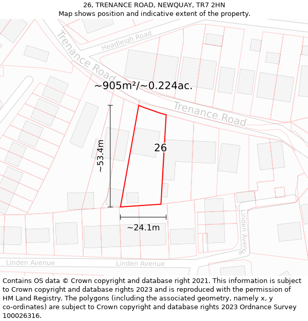 26, TRENANCE ROAD, NEWQUAY, TR7 2HN: Plot and title map