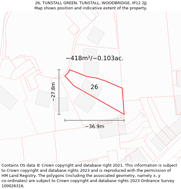 26, TUNSTALL GREEN, TUNSTALL, WOODBRIDGE, IP12 2JJ: Plot and title map