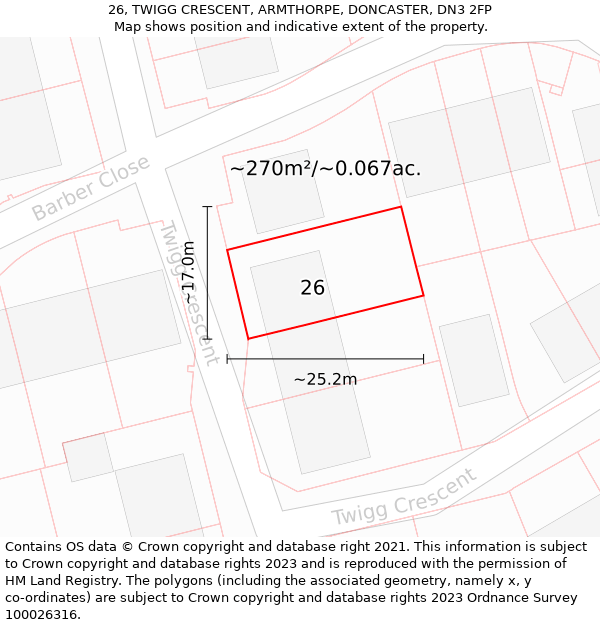 26, TWIGG CRESCENT, ARMTHORPE, DONCASTER, DN3 2FP: Plot and title map