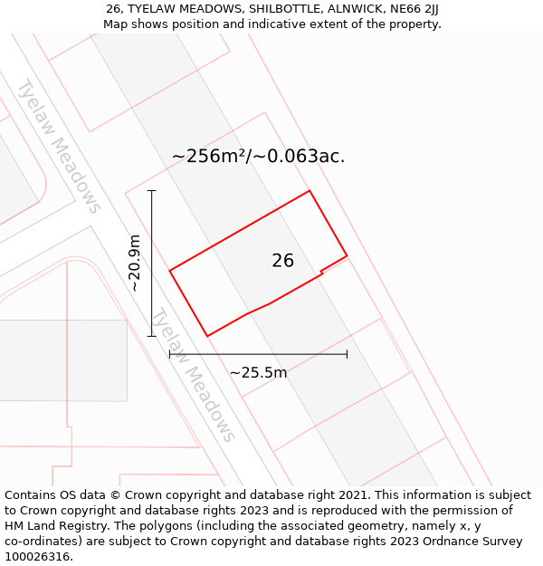 26, TYELAW MEADOWS, SHILBOTTLE, ALNWICK, NE66 2JJ: Plot and title map