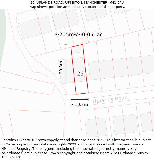 26, UPLANDS ROAD, URMSTON, MANCHESTER, M41 6PU: Plot and title map