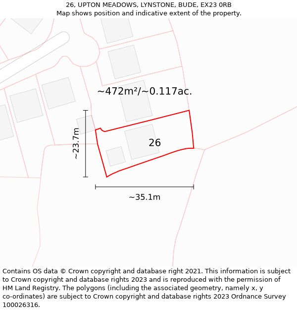 26, UPTON MEADOWS, LYNSTONE, BUDE, EX23 0RB: Plot and title map