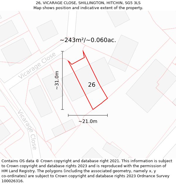 26, VICARAGE CLOSE, SHILLINGTON, HITCHIN, SG5 3LS: Plot and title map