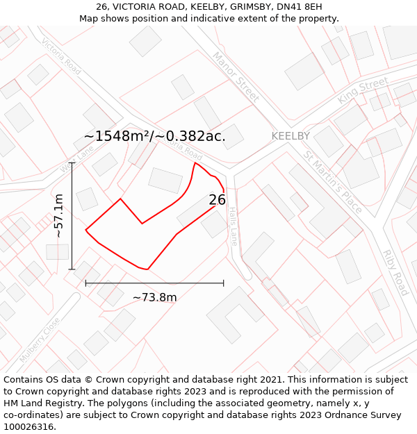 26, VICTORIA ROAD, KEELBY, GRIMSBY, DN41 8EH: Plot and title map