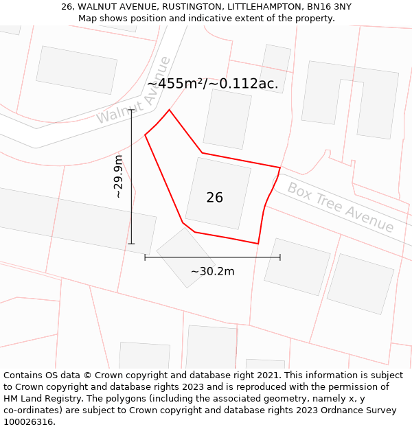 26, WALNUT AVENUE, RUSTINGTON, LITTLEHAMPTON, BN16 3NY: Plot and title map