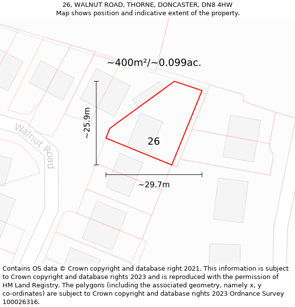 26, WALNUT ROAD, THORNE, DONCASTER, DN8 4HW: Plot and title map