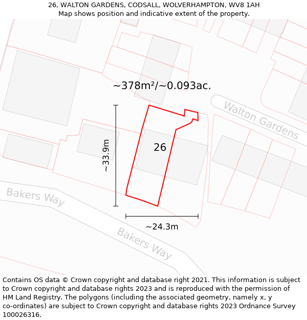 26, WALTON GARDENS, CODSALL, WOLVERHAMPTON, WV8 1AH: Plot and title map